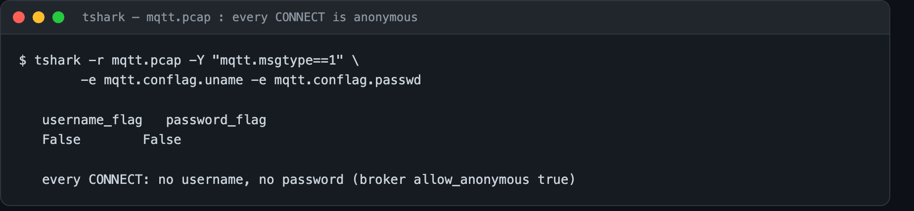 tshark decode: MQTT CONNECT frames, username and password flags both False