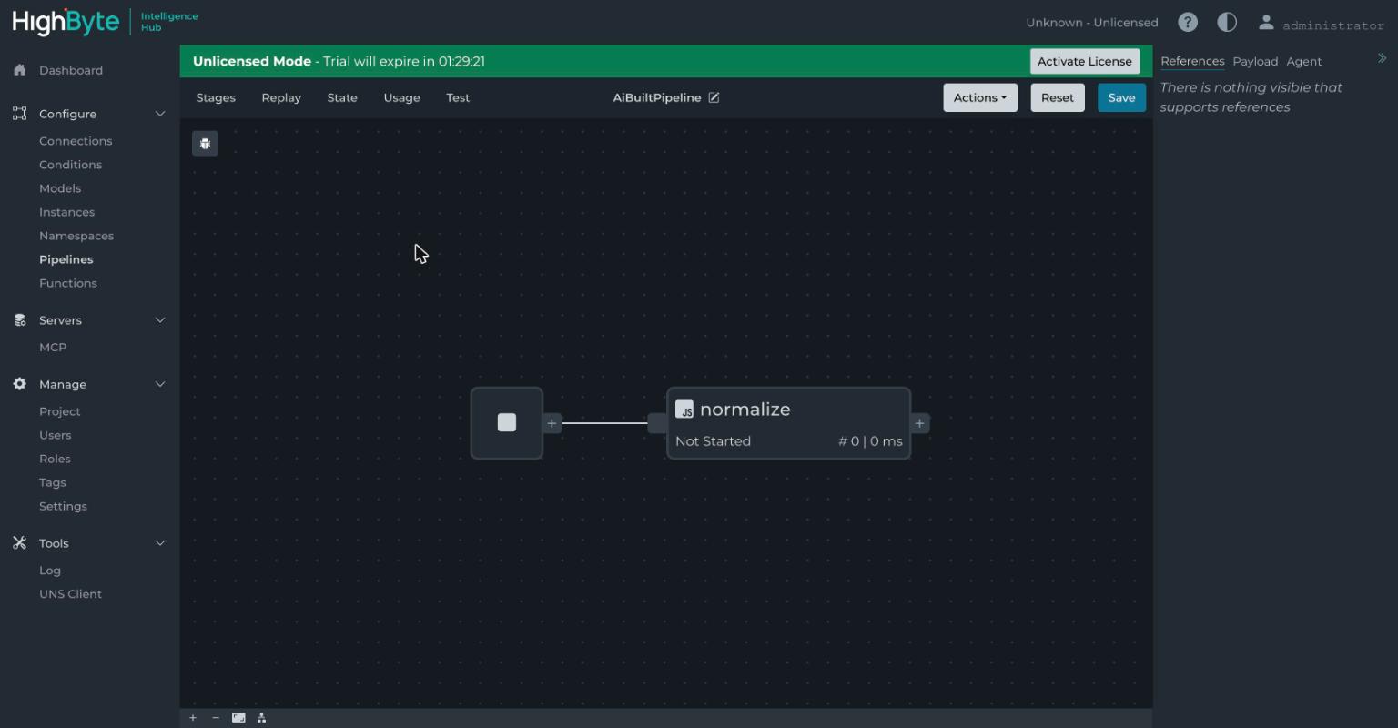 The AiBuiltPipeline open on the canvas with a JavaScript normalize stage wired to a trigger
