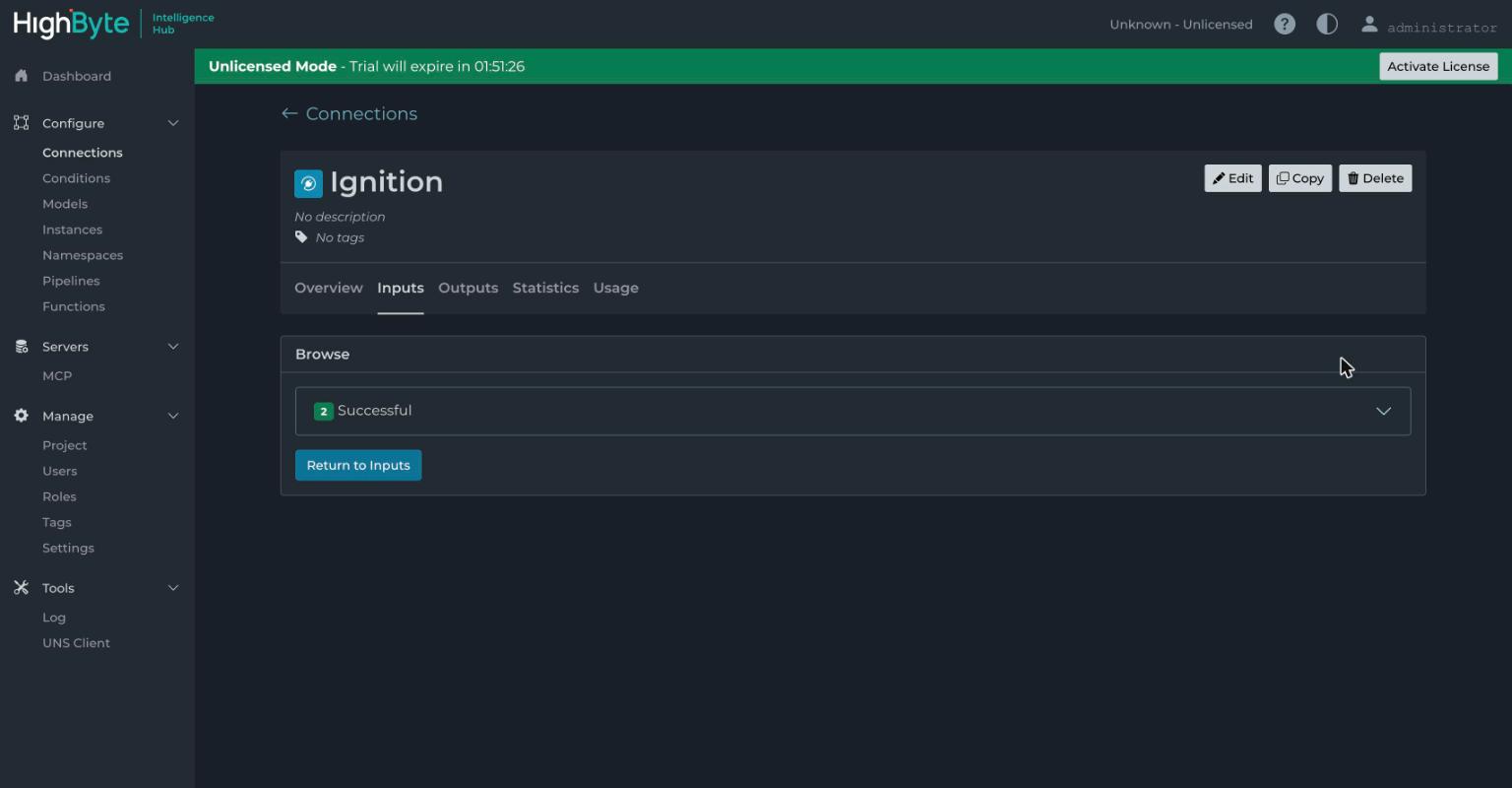HighByte Intelligence Hub showing the Ignition connection with a successful browse of its inputs