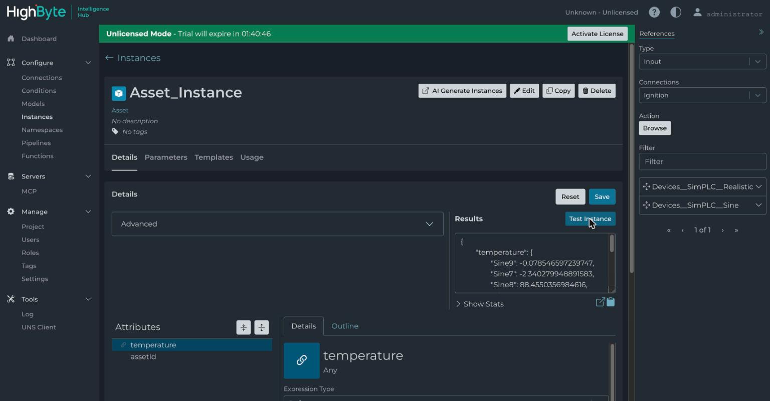 Asset_Instance test view showing merged live values, with an AI Generate Instances button in the header