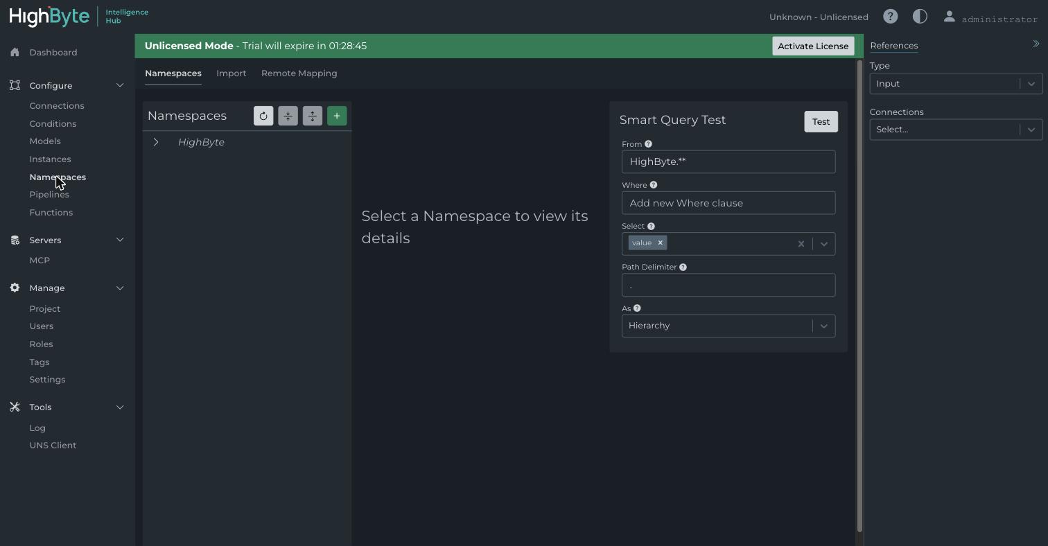 The Namespaces page with the tree on the left and the Smart Query Test panel on the right