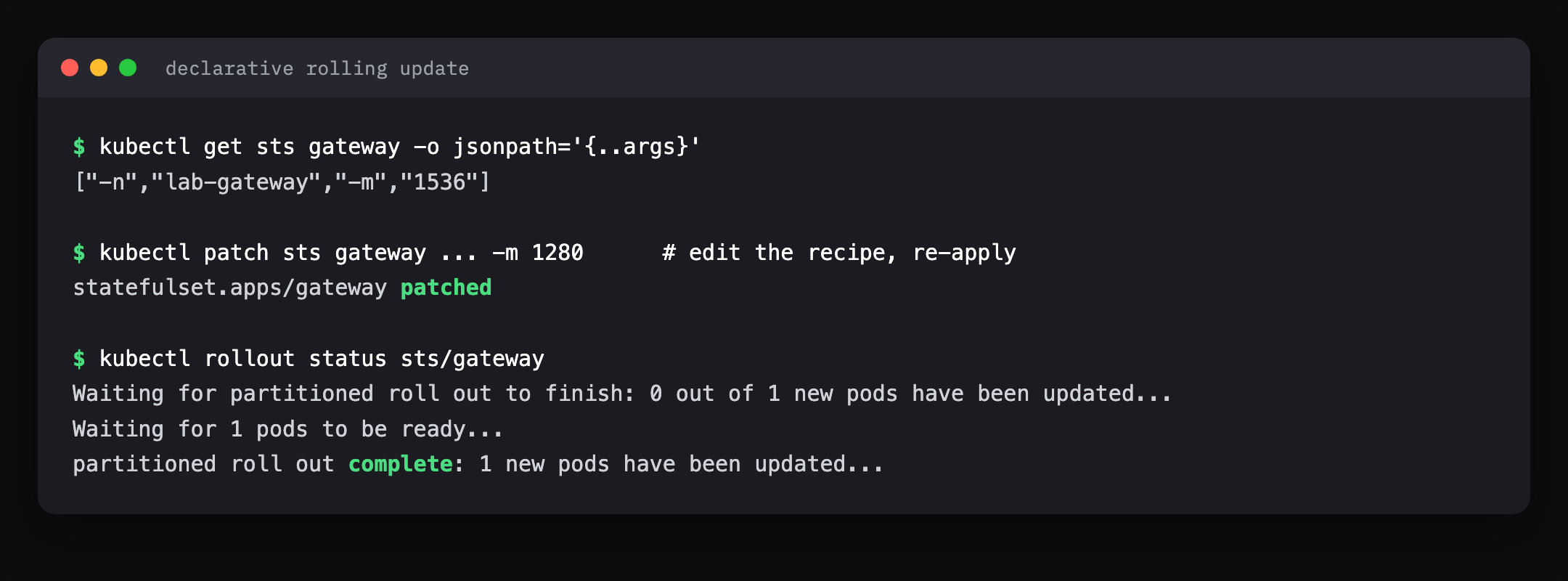 Terminal: kubectl shows the gateway args with heap 1536, a patch changes it to 1280, and kubectl rollout status reports the partitioned roll out completing with one new pod updated