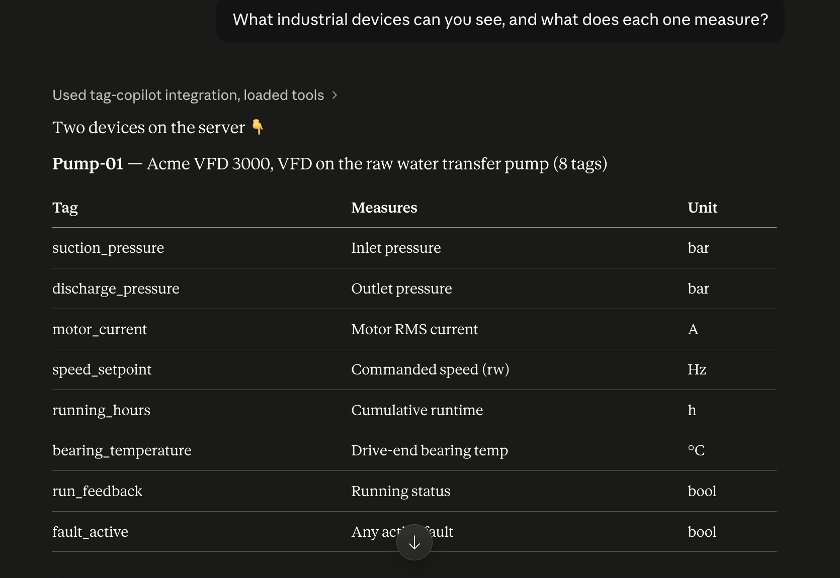 Claude listing Pump-01's eight tags with what each measures and its unit