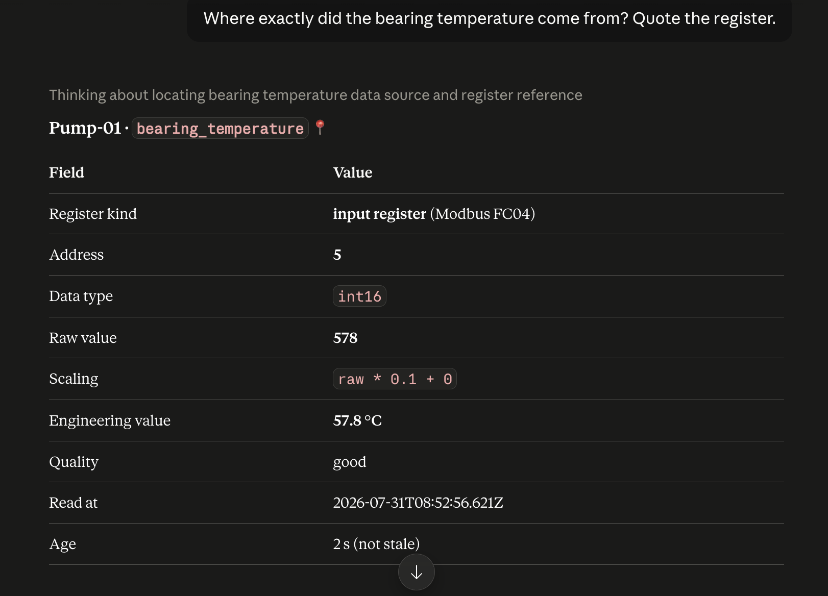Claude quoting input register 5, raw 578, scaling raw times 0.1, giving 57.8 degrees C, two seconds old