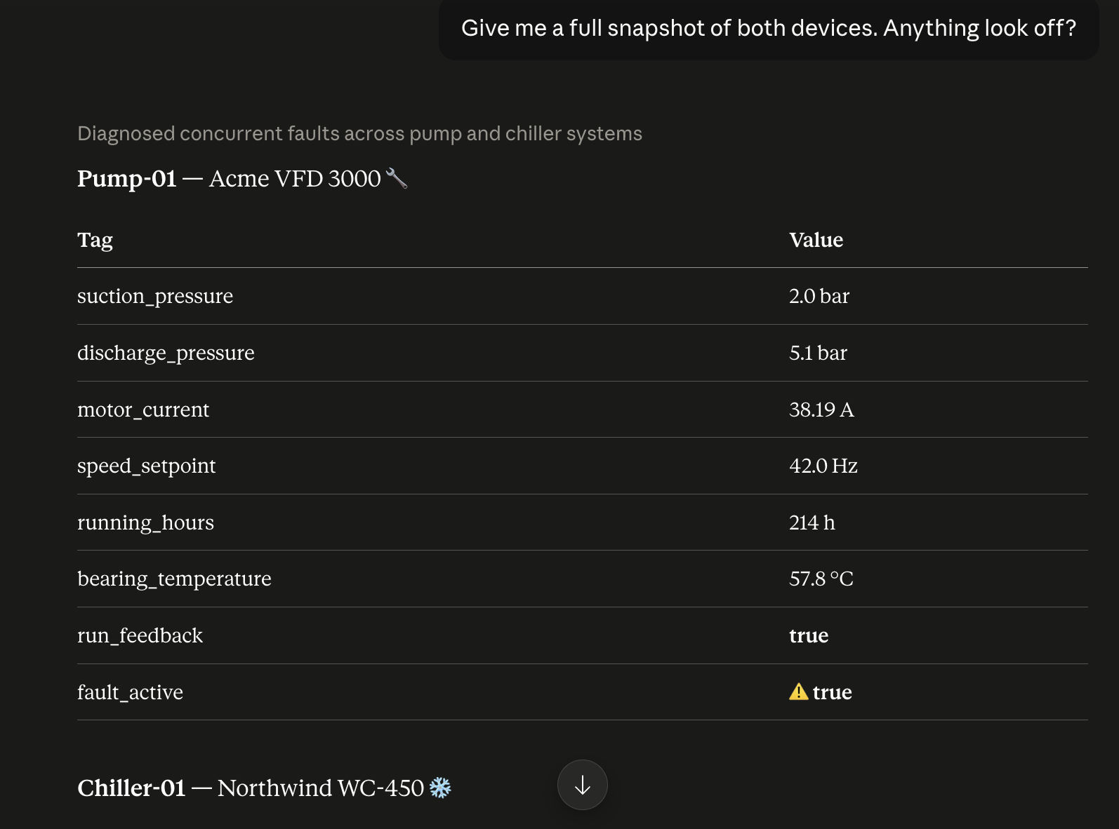 Claude's snapshot of both devices with fault_active highlighted