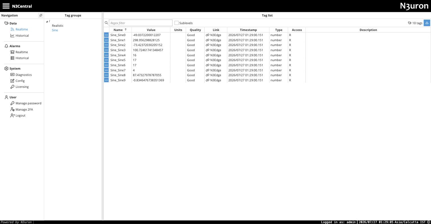 N3uron central node real-time view showing the ten Sine tags with live values and quality Good, where the Link column reads N3Edge for every tag, proving the values arrive from the remote edge node rather than a local source