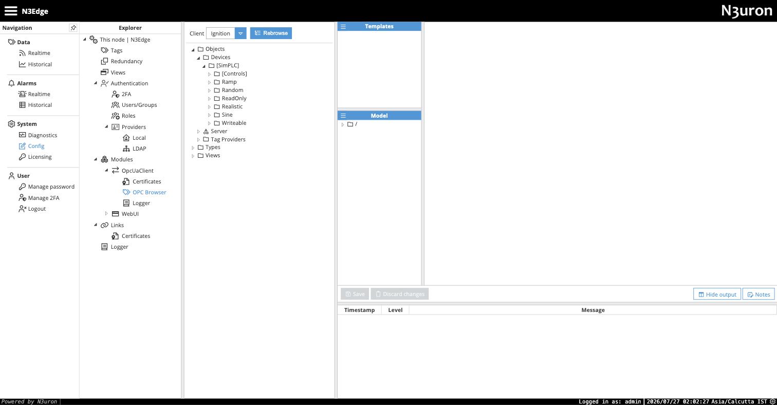 N3uron web UI showing the OPC Browser for the OpcUaClient module: the Ignition server's address space is expanded, showing the SimPLC device with folders Controls, Ramp, Random, ReadOnly, Realistic, Sine and Writeable, next to the node's empty tag model panel ready for drag-and-drop