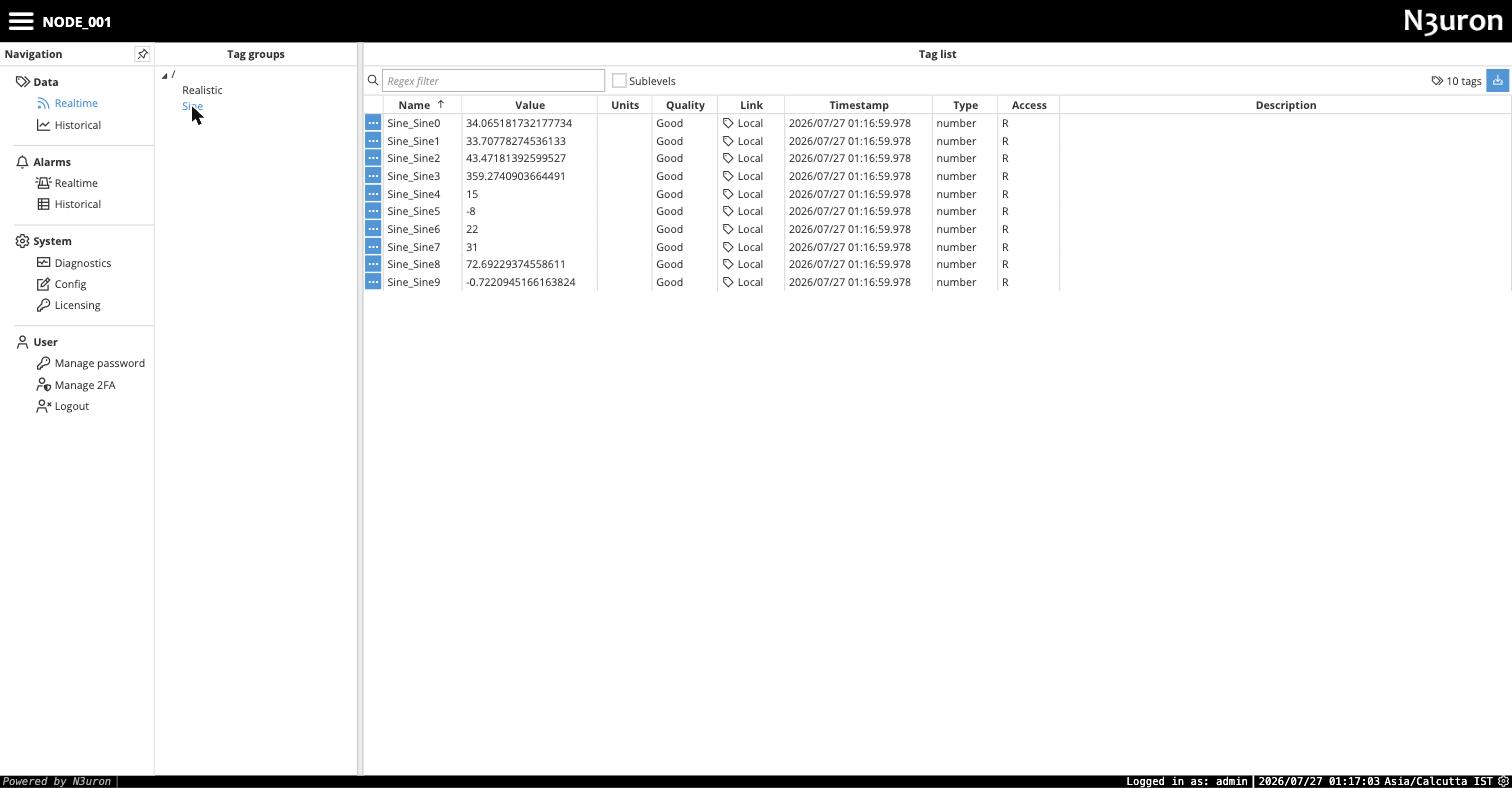 N3uron edge node real-time data view: ten tags Sine_Sine0 through Sine_Sine9 with live changing values, all with quality Good, link column Local, fresh timestamps and type number