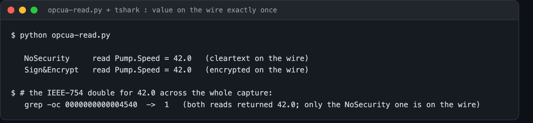 opcua-read.py output and a grep showing the value 42.0 appears on the wire exactly once