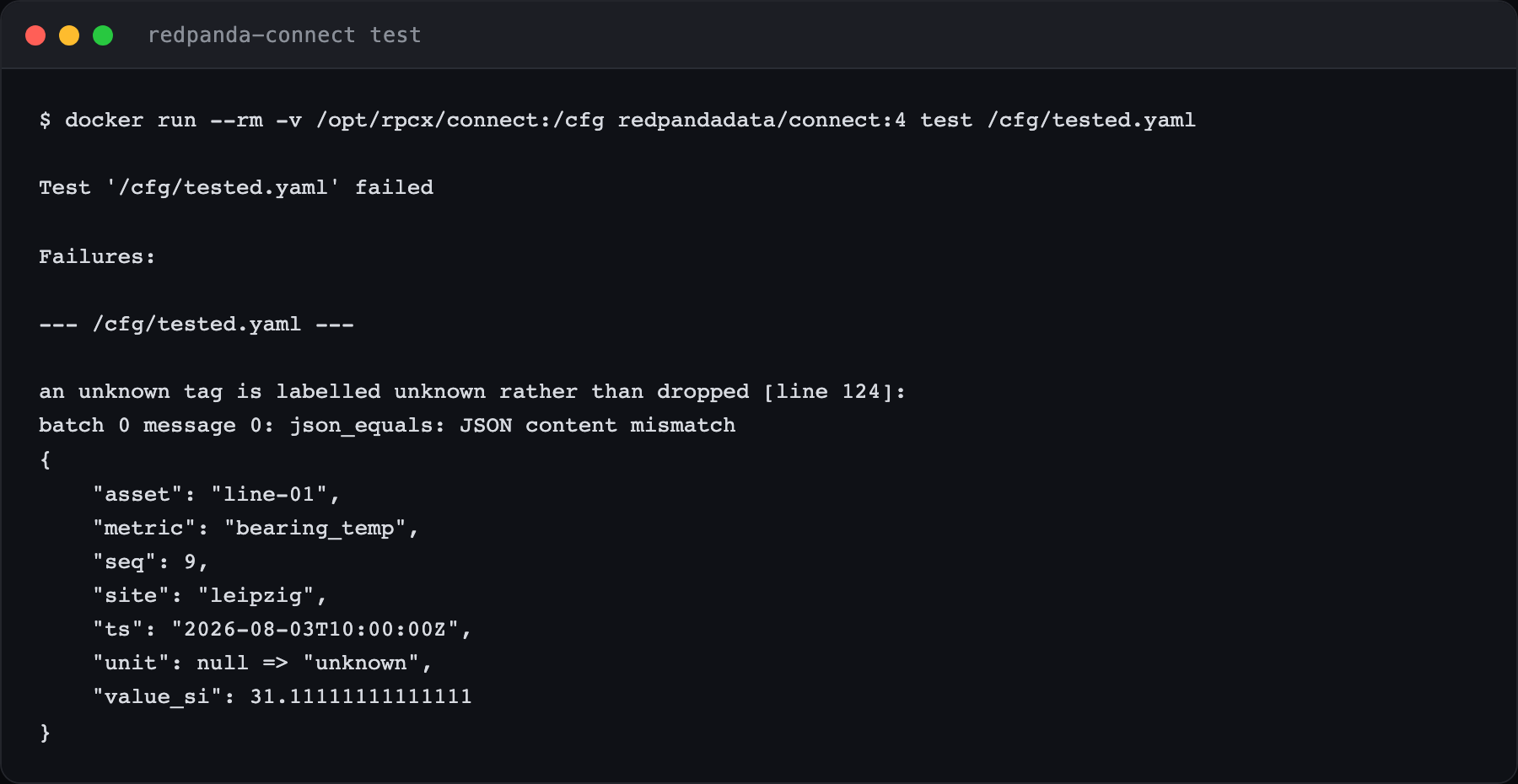Terminal output from redpanda-connect test showing one failing case, 'an unknown tag is labelled unknown rather than dropped', with a JSON diff reporting that the unit field came out as null where the test expected the string unknown.