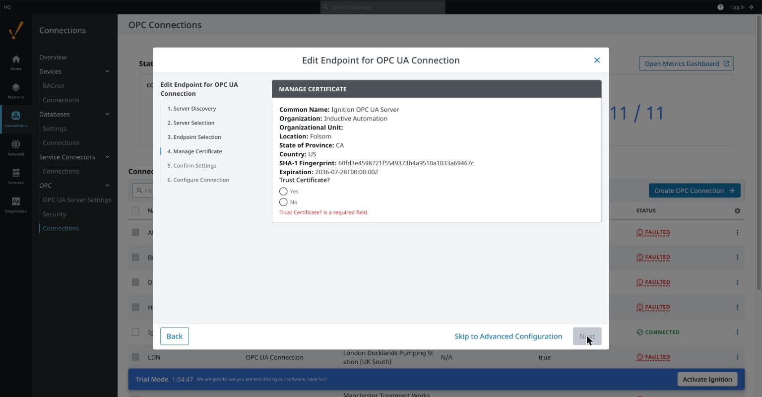Ignition Edit Endpoint wizard step 4, Manage Certificate: the remote server's certificate details including common name Ignition OPC UA Server, SHA-1 fingerprint and expiry date, with a Trust Certificate question offering Yes and No radio buttons and a red validation message reading Trust Certificate is a required field