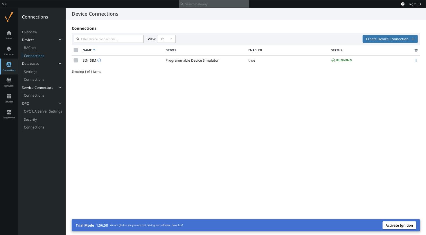 Ignition 8.3 gateway web UI for the Singapore site showing the Device Connections page: a single device named SIN_SIM using the Programmable Device Simulator driver, enabled true, status RUNNING in green