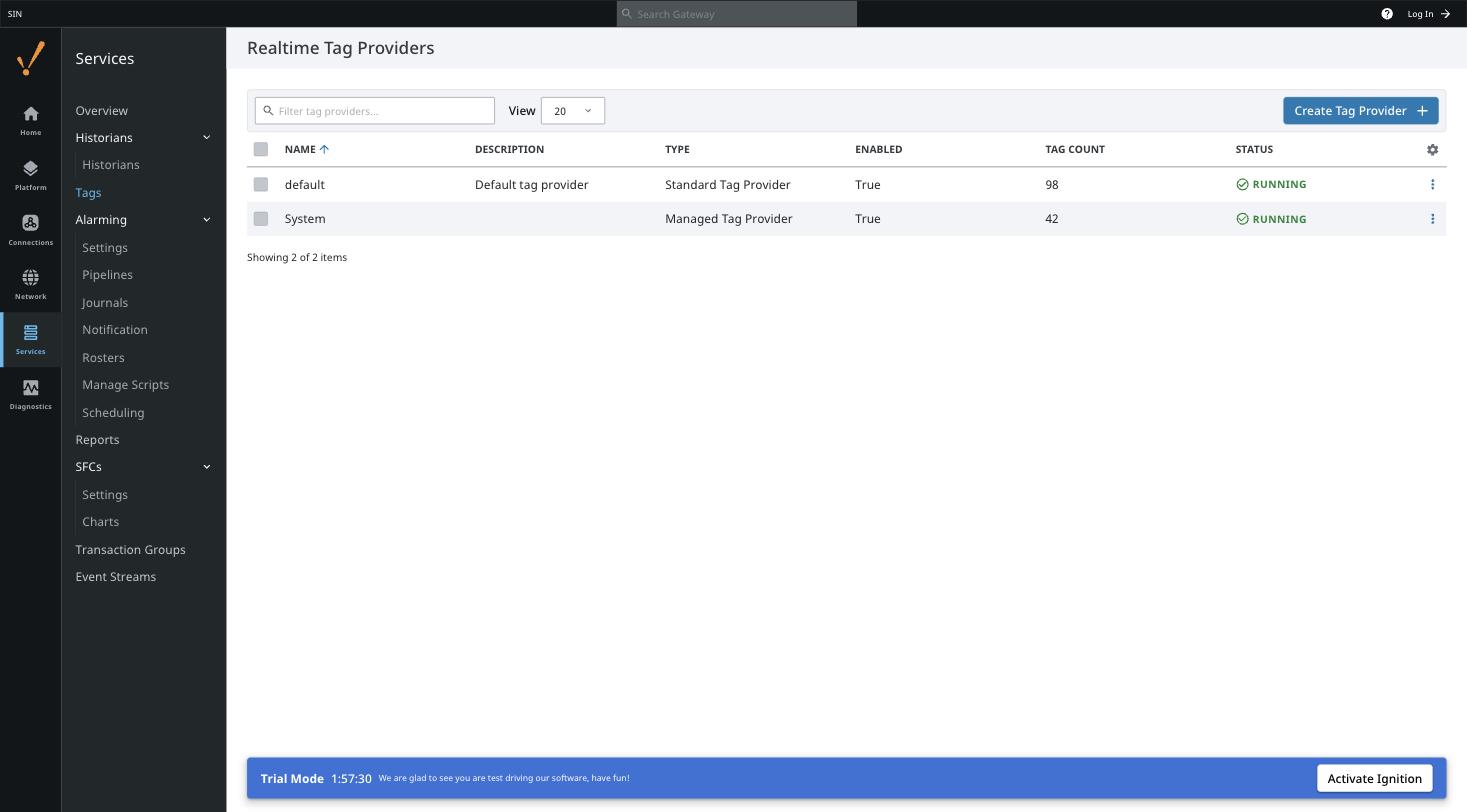 Ignition Realtime Tag Providers page for the Singapore gateway: the default Standard Tag Provider is enabled with tag count 98 and status RUNNING, alongside the built-in System managed provider with 42 tags