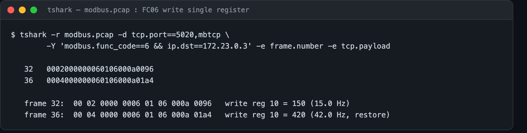 tshark decode of the two FC06 write requests with raw payloads