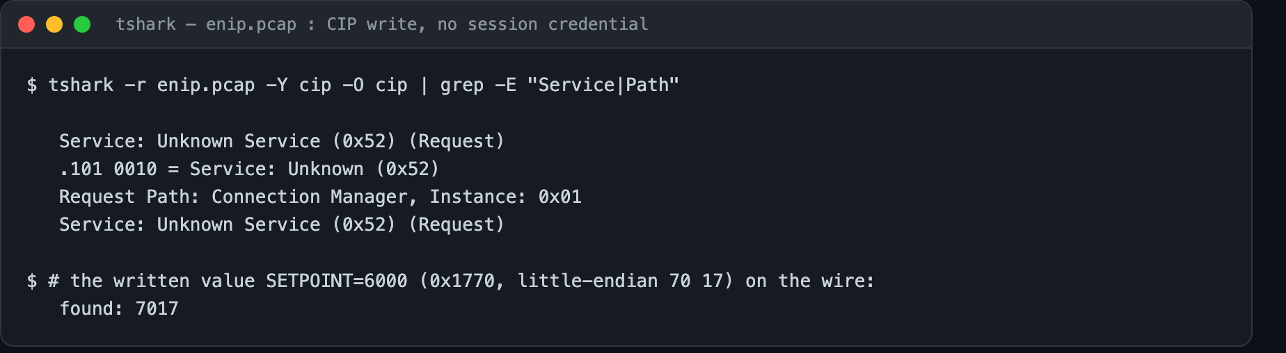 tshark decode of the CIP request and the written value 0x1770 on the wire